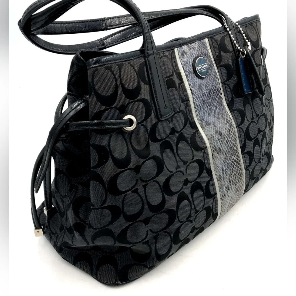 COACH Black Signature Satchel with Snakeskin Accent